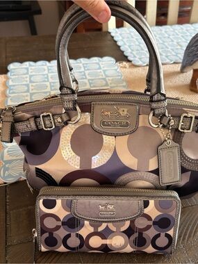 Coach Taupe and Purple Circle Print Satchel with Matching Wallet